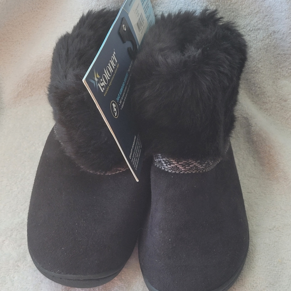 Isotoner Slipper Boots size 9.5-10 Large FAUX FUR & SUEDE Black Memory Foam NWT